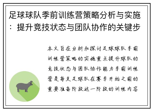 足球球队季前训练营策略分析与实施：提升竞技状态与团队协作的关键步骤