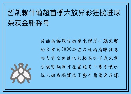 哲凯赖什葡超首季大放异彩狂揽进球荣获金靴称号